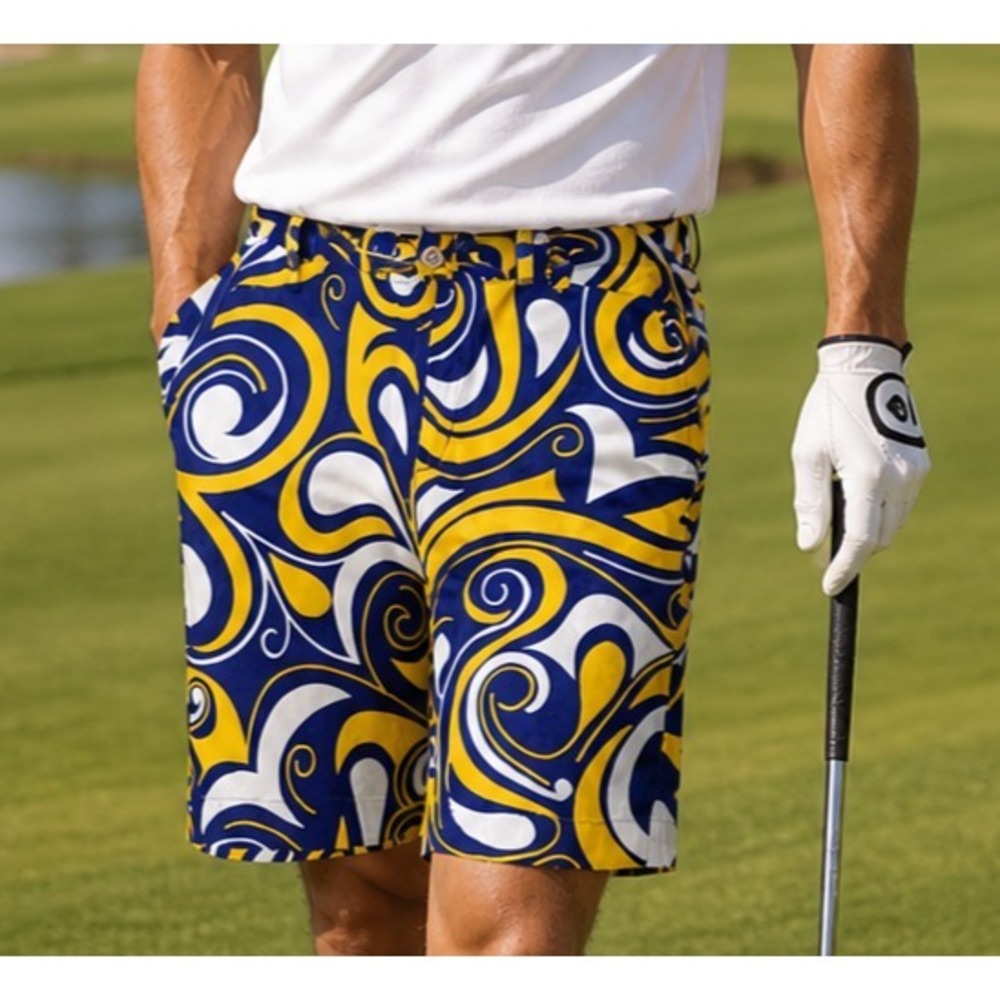 Loudmouth Men Psychedelic Golf Shorts 34 Blue/Gold Splash Swirl Summer Statement